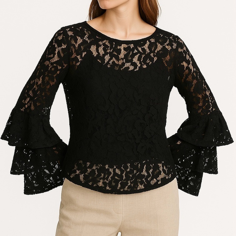 🆕 Heartloom Black Lace Top Tiered Ruffle 3/4 Sleeve Bubble Cuff Elegant Event S
